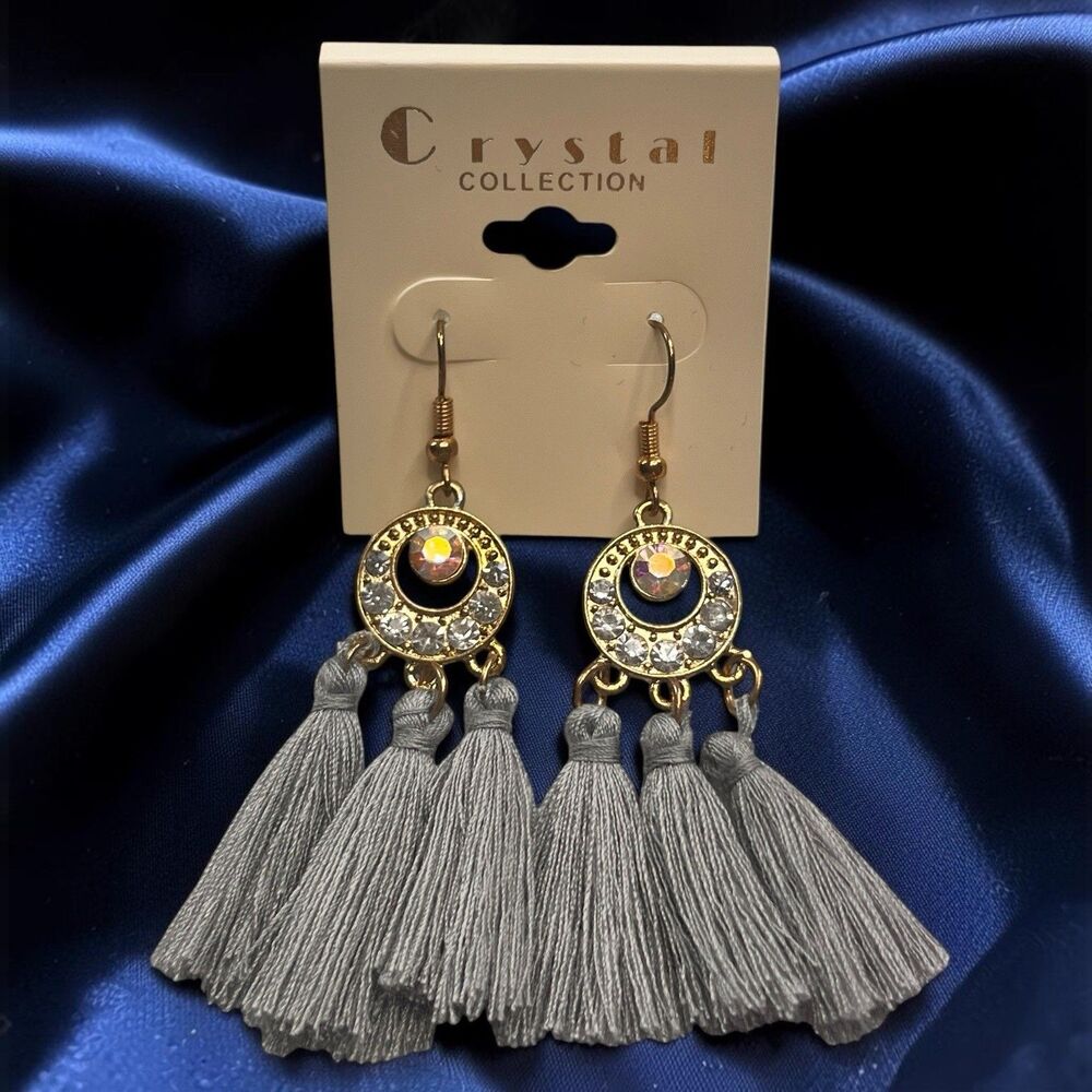 Bohemian Tassel Dangle Fringe Boho Gray / Gold Earrings